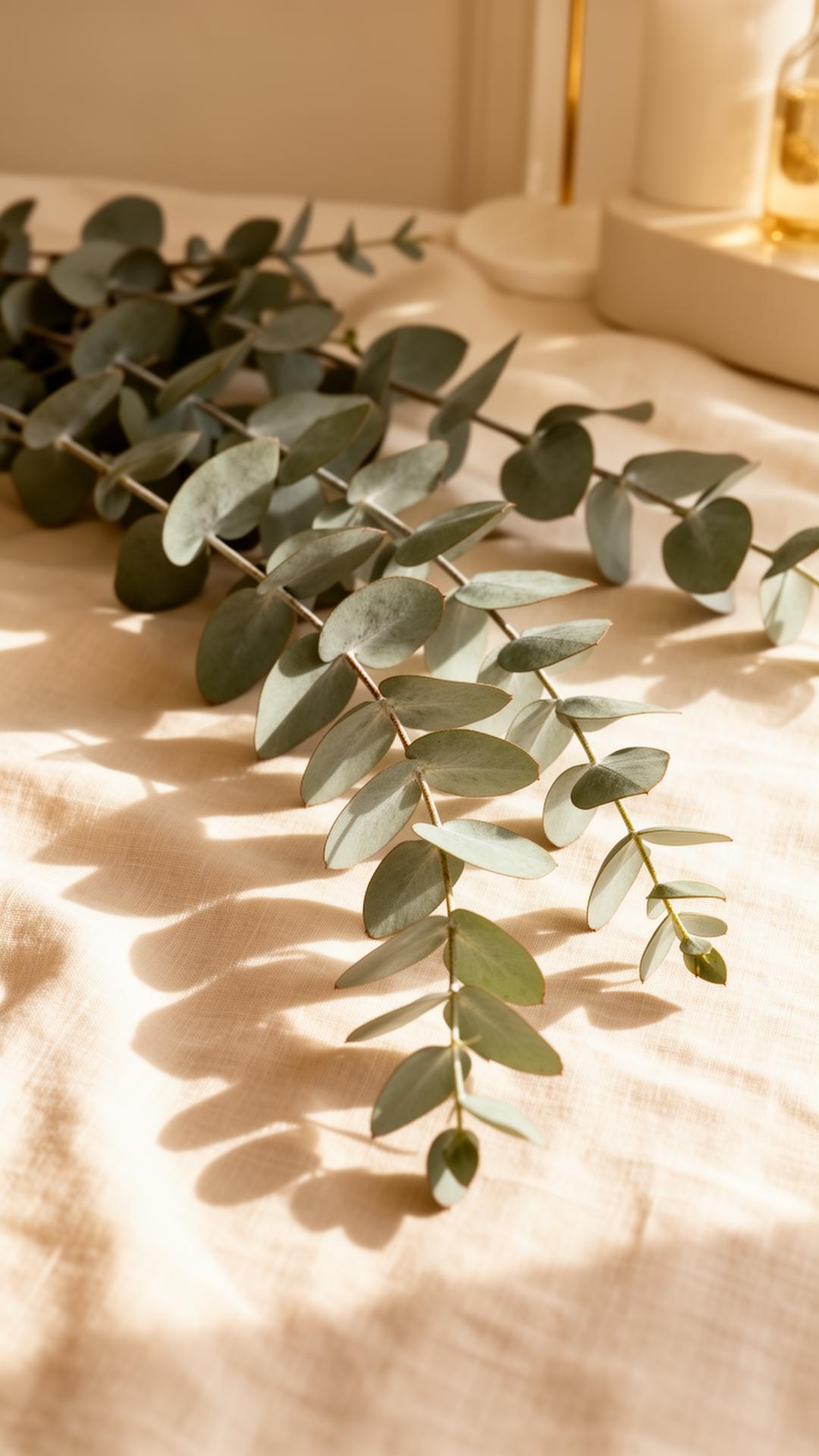 Fresh eucalyptus on warm ivory linen
