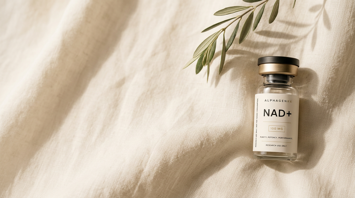 AlphaGen Rx NAD+ research vial on cream linen with olive branch
